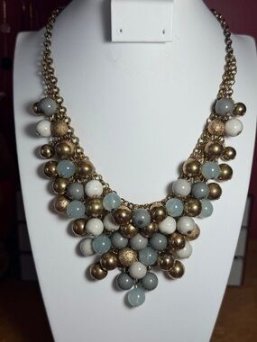 Gold Cluster Bib Necklace with Blue-Grey and Cream Beads